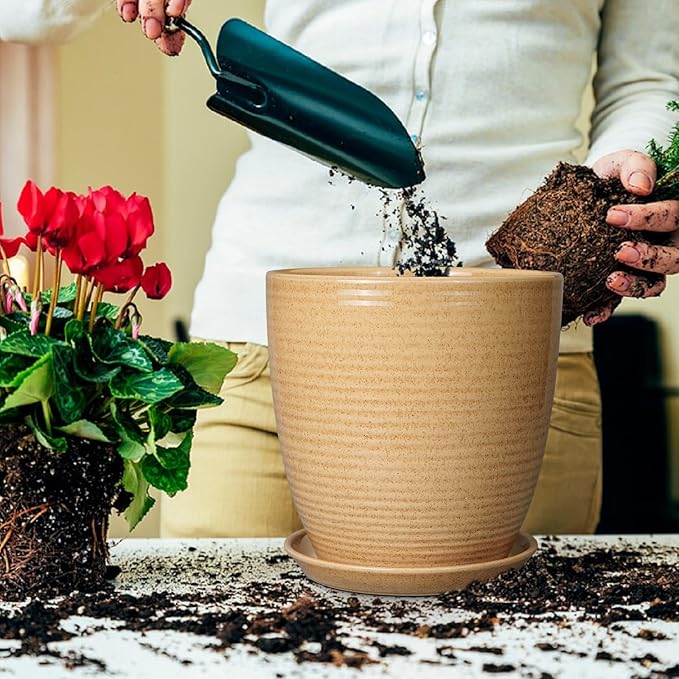 Ceramic Pot for Plants - 10 Inch Plant Pot with Drainage Hole and Saucer Outdoor Planter for Indoor Plants Round Flower Pot for Home Patio Garden Office Yellow