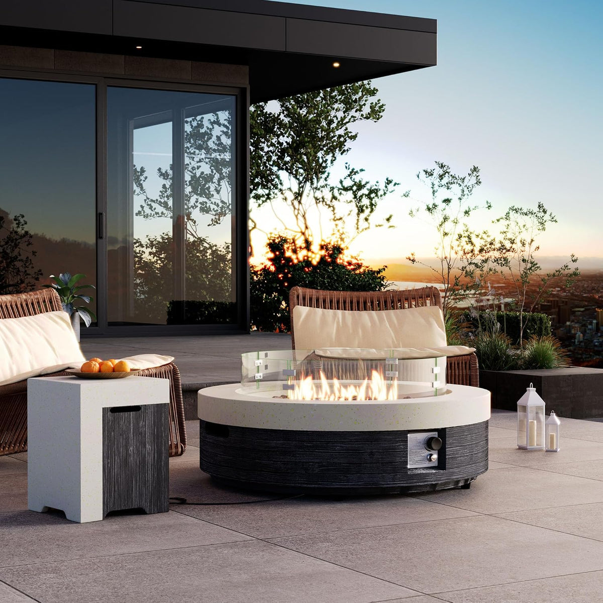 COSIEST 42" Outdoor Propane Fire Pit Table w Tank Cover & Wind Guard, Round Gas Fire Pit Table with Concrete & Wood Grain Design, 50000BTU CSA Certified Fire Tables for Patio, Backyard, Garden
