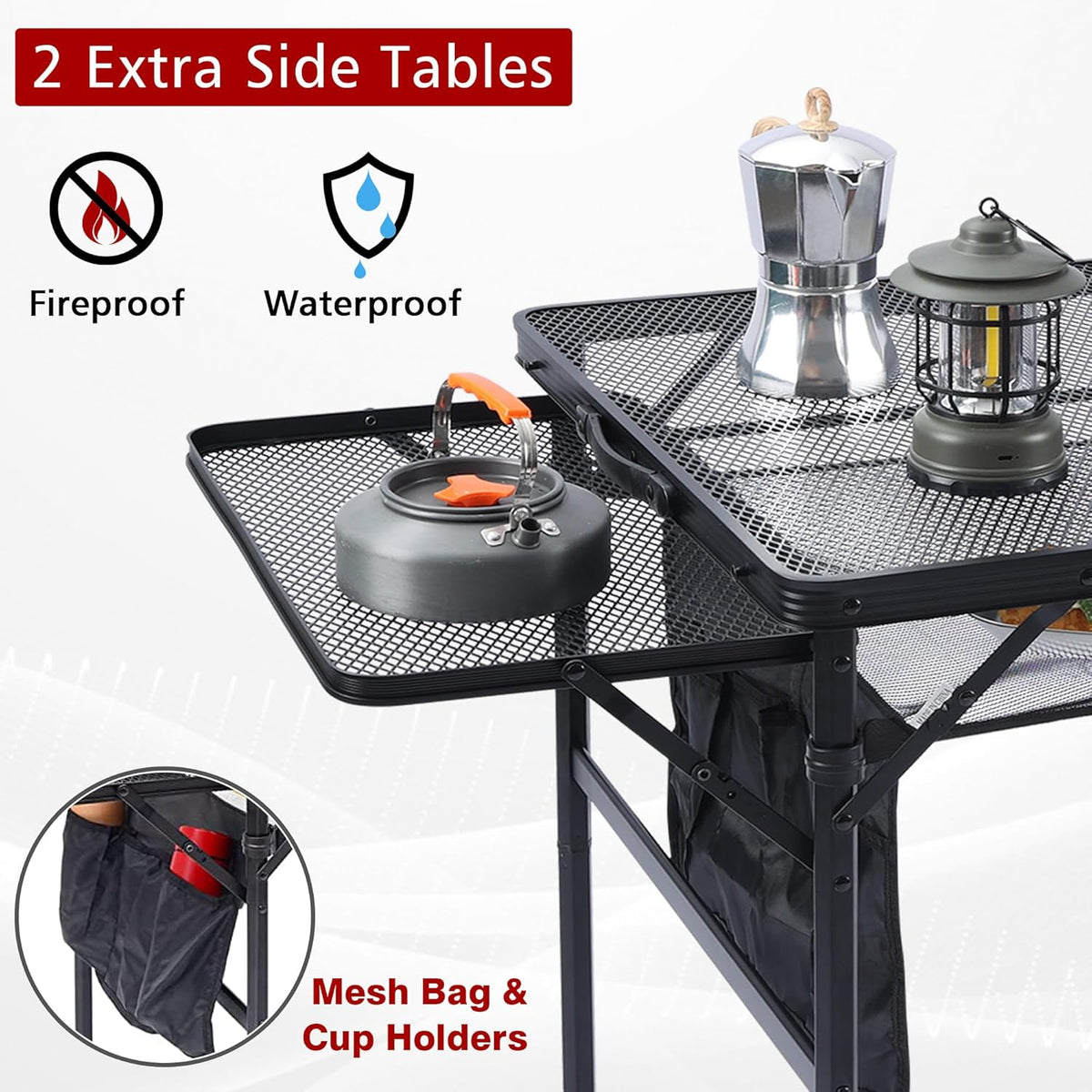 Folding Grill Table, 3x2 FT Portable Camping Table with 2 Wing Panels, Height Adjustable Metal Tables with Mesh Desktop and Mesh Bag, Outdoor Furniture for Camping, Picnic, Beach and BBQ, Black