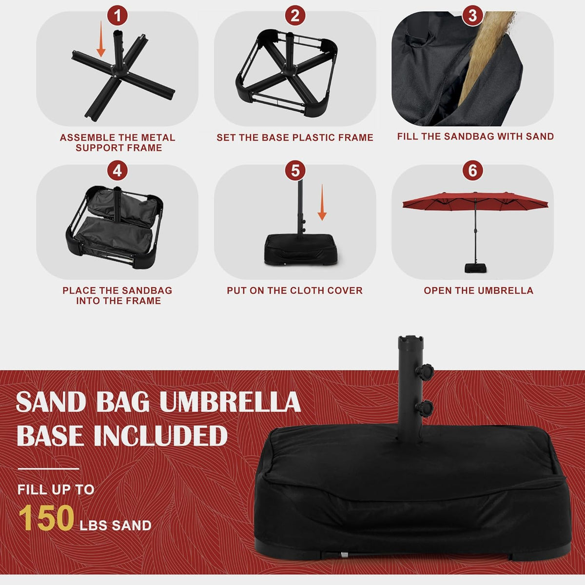 Sundale Outdoor Solar 144 LED 15 ft Patio Umbrella with Sandbag Base Included and Cover, Outdoor Double-Sided Umbrella, Red