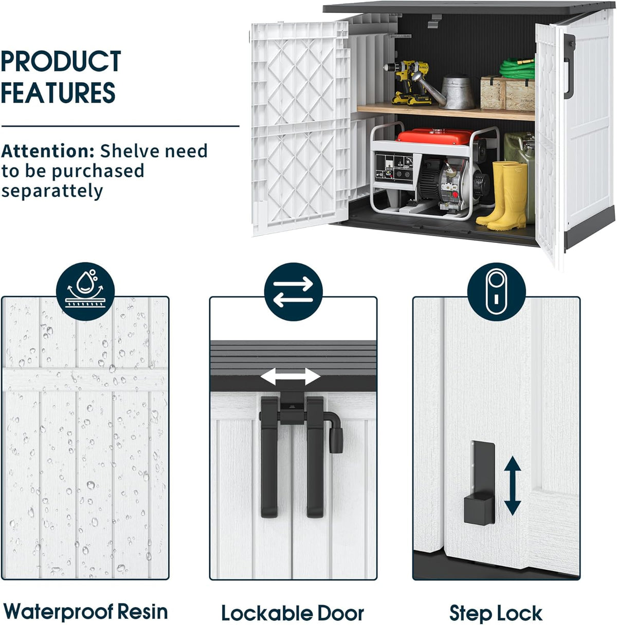 NUNU LAB Outdoor Storage Cabinet 36 Cu.Ft Garden Storage Shed Waterproof Lockable for Garden Hoses, Generator, and Lawn Mower