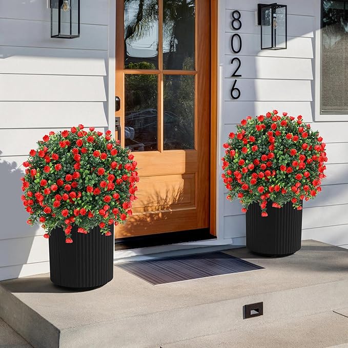 Artificial Red Rose Topiary Ball Tree 25" with Ground Spike, Set of 2 Artificial Boxwood Bushes for Faux Shrubs, Fake Evergreen Faux Plant for Indoor Outdoor Porch Garden -UV Resistant–Fade-Proof