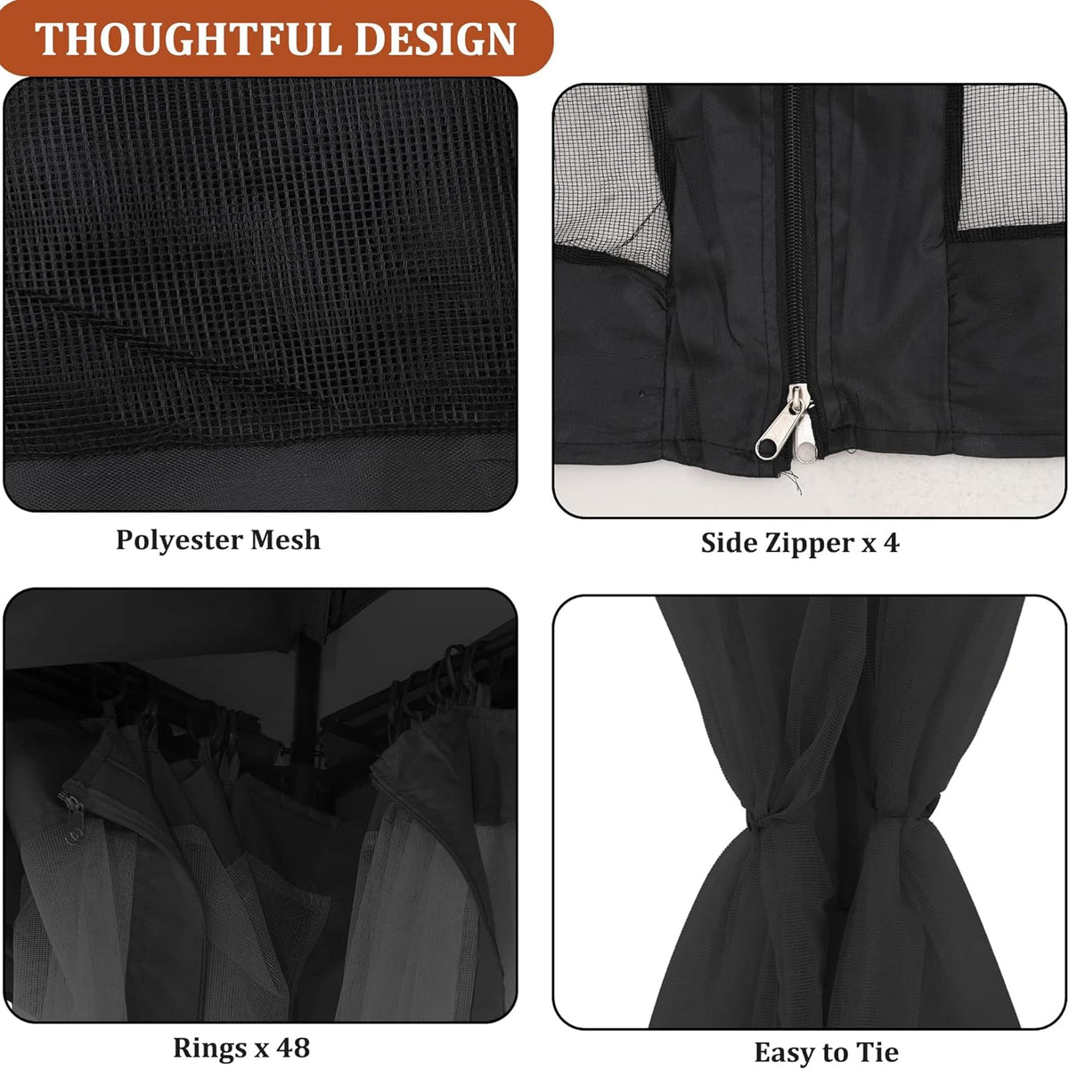 Gazebo Mosquito Netting Replacement 10' x 12' x 7'1'', Universal 4-Panel Screen Sidewall with Zipper, Black (Mosquito Net Only)