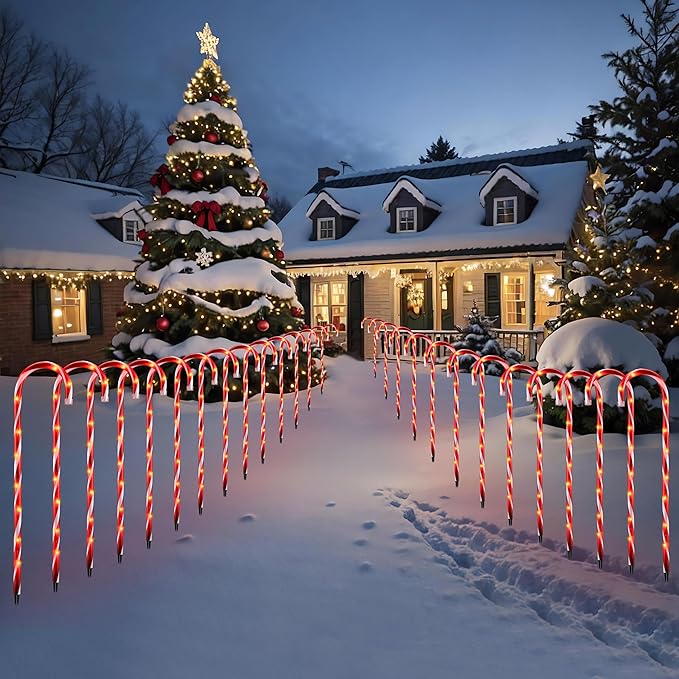 26" Candy Cane Lights Christmas Decorations - 10 Pack Pathway Markers Outdoor Yard Decorations, Red Christmas Candy Cane Lights for Walkway, Xmas Outside/Indoor Ornaments, 100 Lights Bulbs