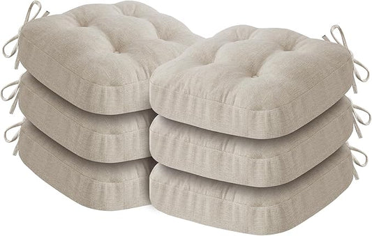 Chair Cushions, Foam Dining Chair Cushions, Tufted Indoor Chair Pads, Set of 6, Beige, 16.5” x 16.5” x 3.5”