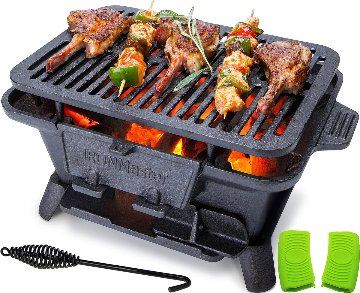 IronMaster Hibachi Grill Outdoor, Small Portable Charcoal Grill, Pre-Seasoned Cast Iron, Japanese Yakitori Camping Grill - 2 Heights, Air Control, Coal Door