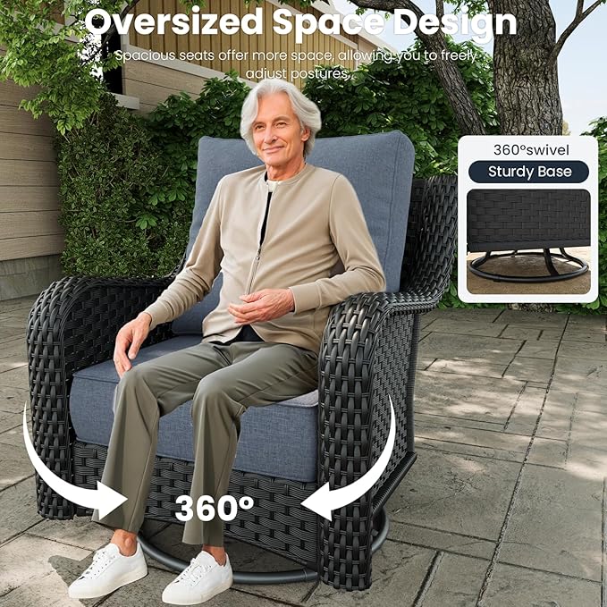 5 Pieces Outdoor Patio Furniture Sets with Rocking Swivel Chairs with 6-inch Thick Cushion and Side Table for Deck Lawn