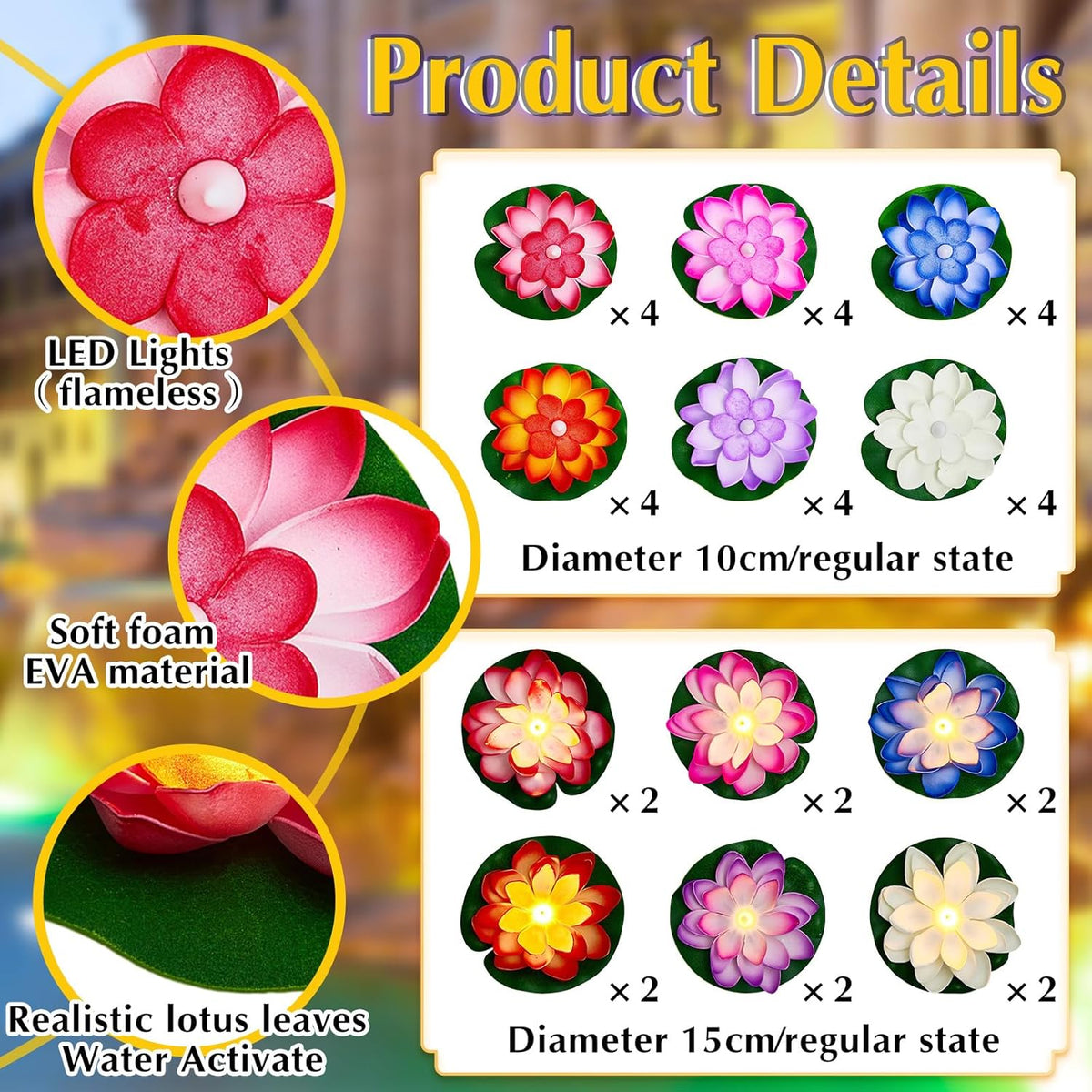 Liliful 36 Pcs Diwali Lotus Decoration Floating Lights Lotus Artificial Floating Flowers for Pool with LED Lights Battery Operated for Indian Puja Ganesh chaturthi Diwali(3.94, 5.91 Inch,Rich Color)
