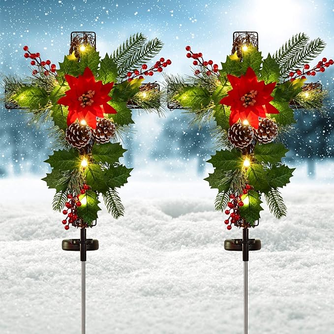 2 Pack Outdoor Solar Lights Christmas Decorations, Cross Stake Lights with Faux Poinsettia Pine Cones Red Berries and Foliage for Garden Patio Grave