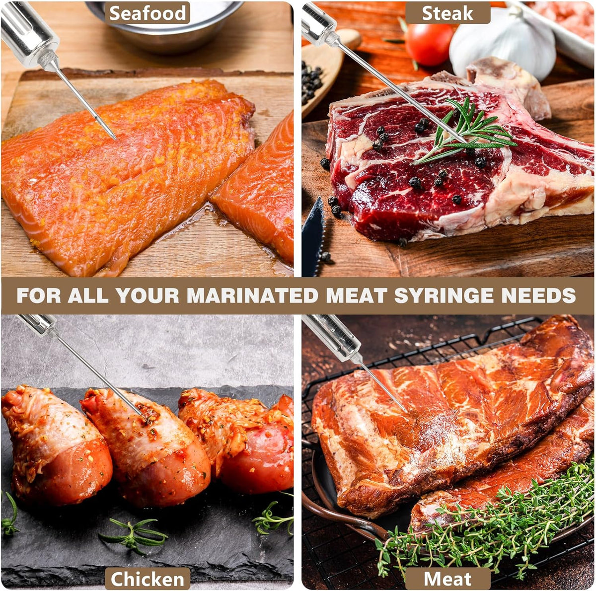 Premium Meat Injector Kit - Stainless Steel Marinade Syringe with 4 Needles, Leak-Proof, Food-Grade Injector for BBQ, Turkey, Chicken, and Grilling – Includes Bonus Glass Tube(9.1in)