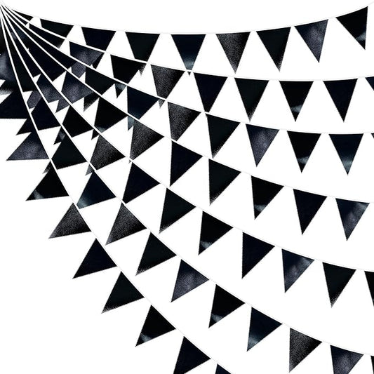 Black Party Decorations Triangle Pennant Banner Flag Black Metallic Fabric Bunting Garland for Graduation Birthday Wedding Engagement Bachelorette Holiday Halloween Celebration Hen Party Supplies