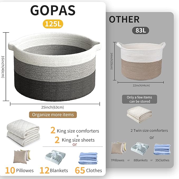 125L Extra Large Blanket Basket, 25" x 16", Jumbo Laundry Woven Baskets Decorative Home, Cotton Rope Basket with Handles, Baby Toy Baskets for Storage, Gradual Gray