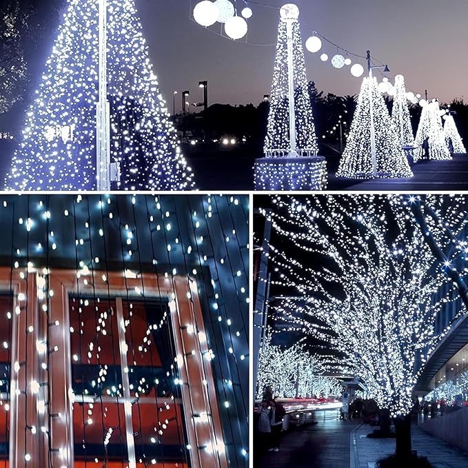 4 Pack 400 LED Solar String Lights for Outside, Solar Christmas Lights Outdoor Waterproof, Green Wire Twinkle Light with 8 Lighting Modes for Xmas Tree Wedding Party Garden Decorations (Cool White)