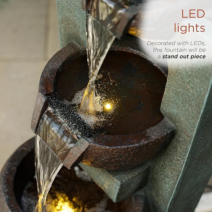 Alpine Corporation TZL400 34" 3 Tier Basin Cascading Fountain with LED Lights, Elegant Outdoor Water Feature for Garden, Patio, Yard & Outdoor Spaces, Relaxing Waterfall Fountain, Gray