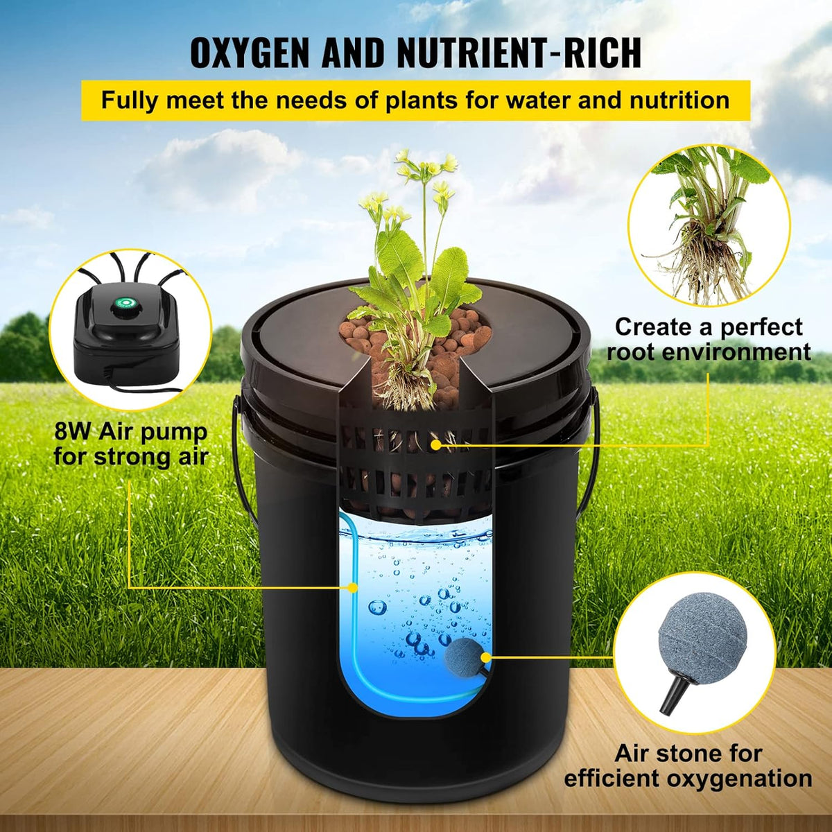 VEVOR DWC Hydroponic System, 5 Gallon 4 Buckets, Deep Water Culture Growing Bucket, Hydroponics Grow Kit with Pump, Air Stone and Water Level Device, for Indoor/Outdoor Leafy Vegetables