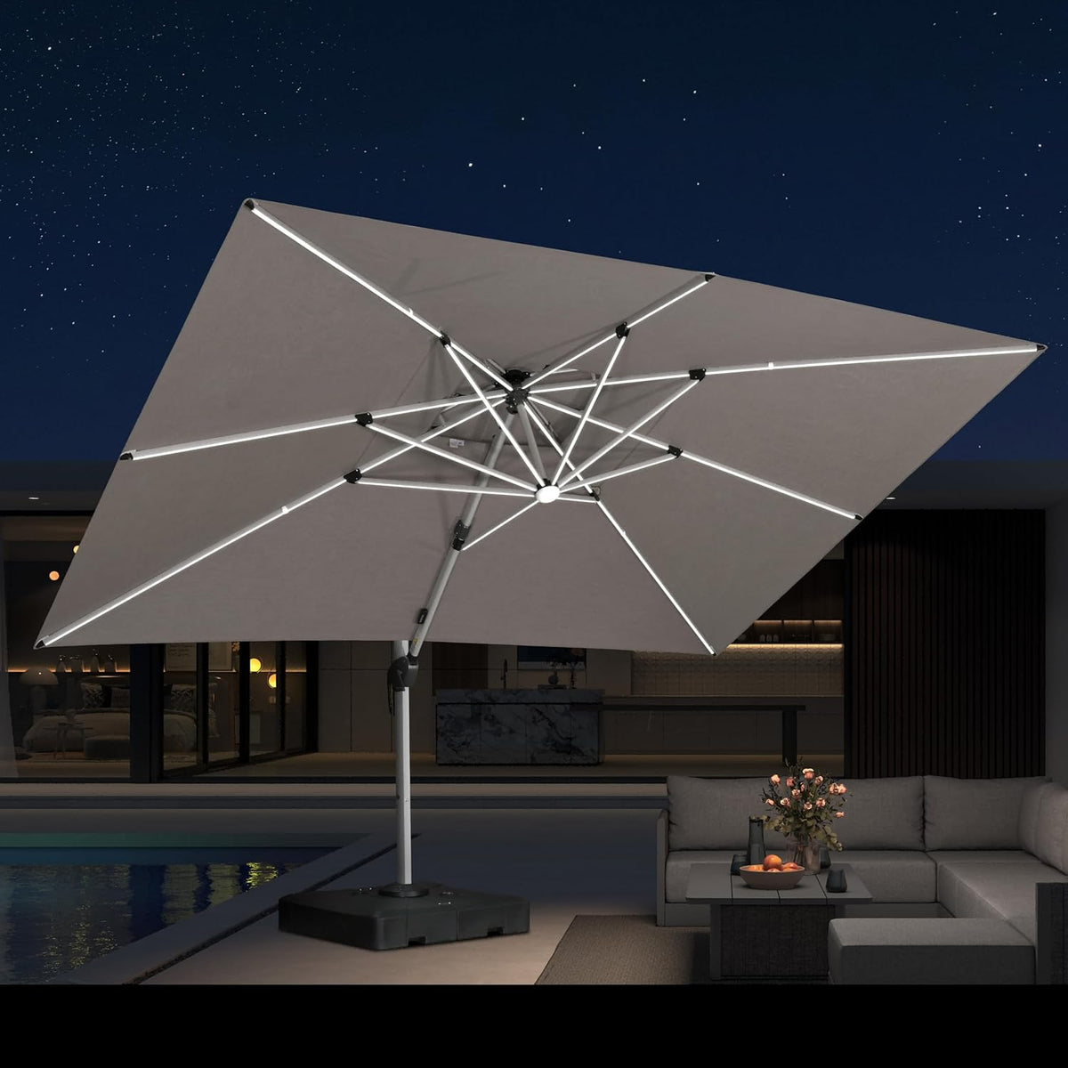 PURPLE LEAF 10' X 13' Solar Powered LED Patio Large Umbrella Offset Double Top Hanging Umbrella Outdoor Market Umbrella for Garden, Heather Taupe