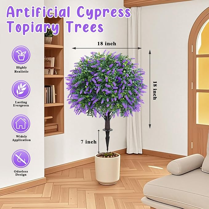 Artificial Boxwood Topiary Ball with Lavender, Set of 2 Artificial Shrub Bushes with Ground Spike, Fake Evergreen Tree for Porch, Artificial Plants for Outdoor Planters Indoor UV Resistant