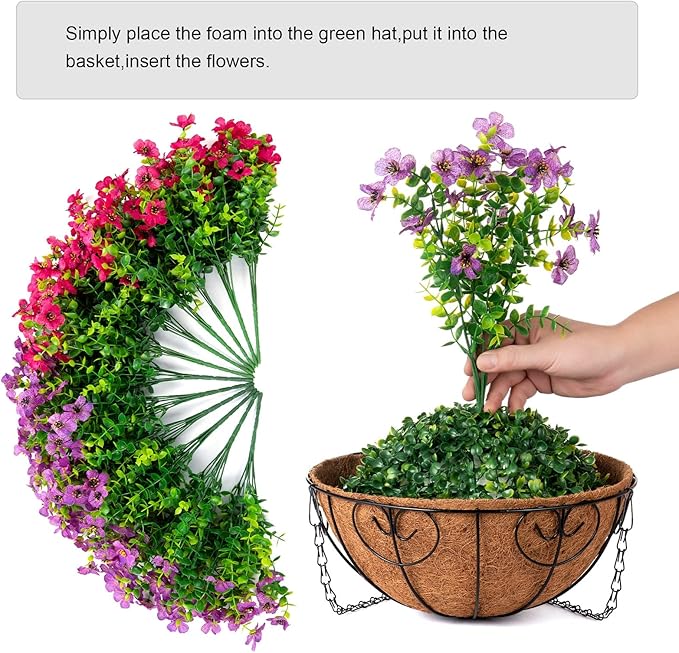 Artificial Faux Hanging Plants Flowers Basket for Spring Summer Outdoor Outside Decoration, Fake Silk Colorful Daisy Eucalyptus in Planter UV Resistant Realistic for Porch Patio Balcony Yard