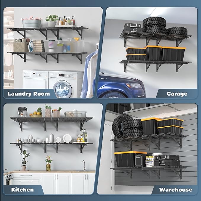 4 Pack Heavy Duty Garage Wall Shelving Set (2x3ft), Wall Mounted Garage Shelves 1000lbs Capacity, 24"x72" Shelf Storage Rack Floating Shelves, Black