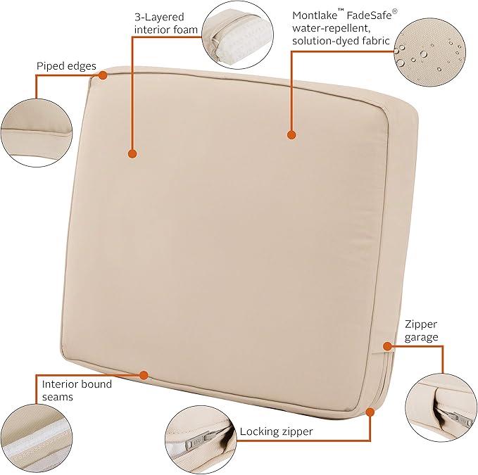 Classic Accessories Montlake Water-Resistant 23 x 22 x 4 Inch Patio Lounge Back Cushion, Antique Beige, Outdoor Loveseat Cushions