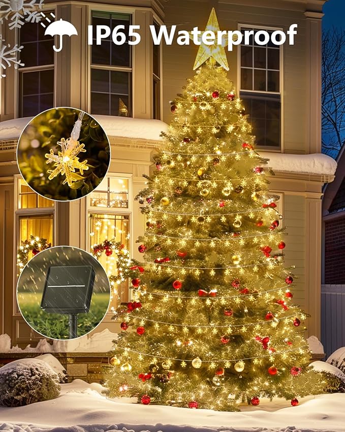 Brightown Solar Christmas Snowflake String Lights 50 LED 31 FT Outdoor Waterproof Snowflake Fairy Lights with 8 Lighting Modes for Christmas Party, Tree, Room, Garden, Patio, Yard, Home, Warm White