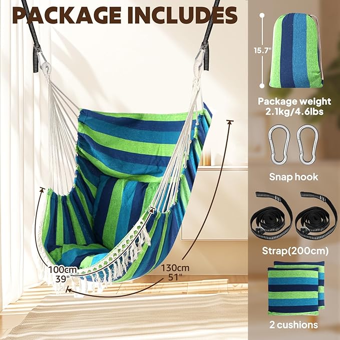 Chihee Hammock Chair Hanging Swing 2 Pillows Included,Strong Webbing Straps and Hooks for Easy Hanging Soft Cotton Hanging Chair Side Pocket Tassel Chair Comfort Indoor Outdoor Blue Green
