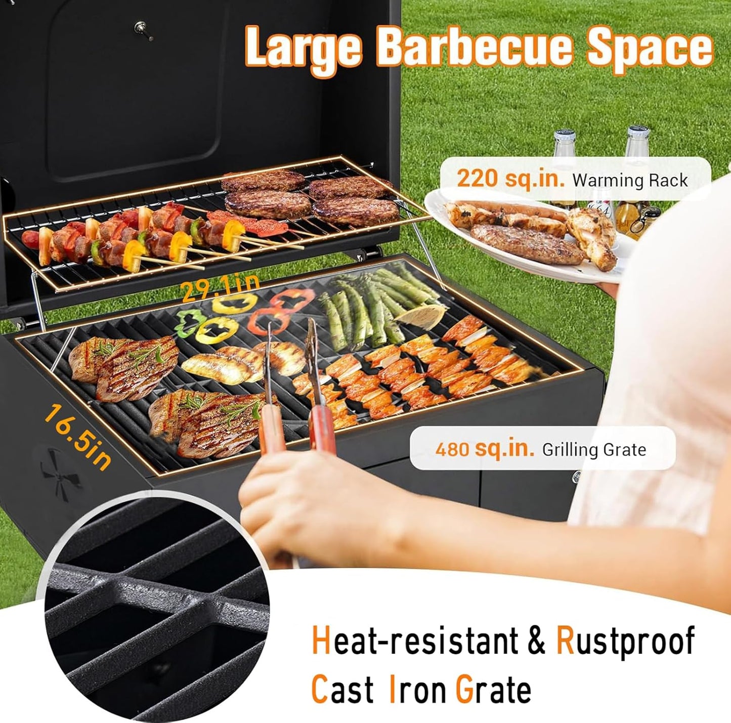 Built In Charcoal Grill Large Charcoal BBQ Grills with 480 Square Inches Oversize Cooking Area, Outdoor Cooking Grill with Charcoal Trays for Backyard, Patio and Parties