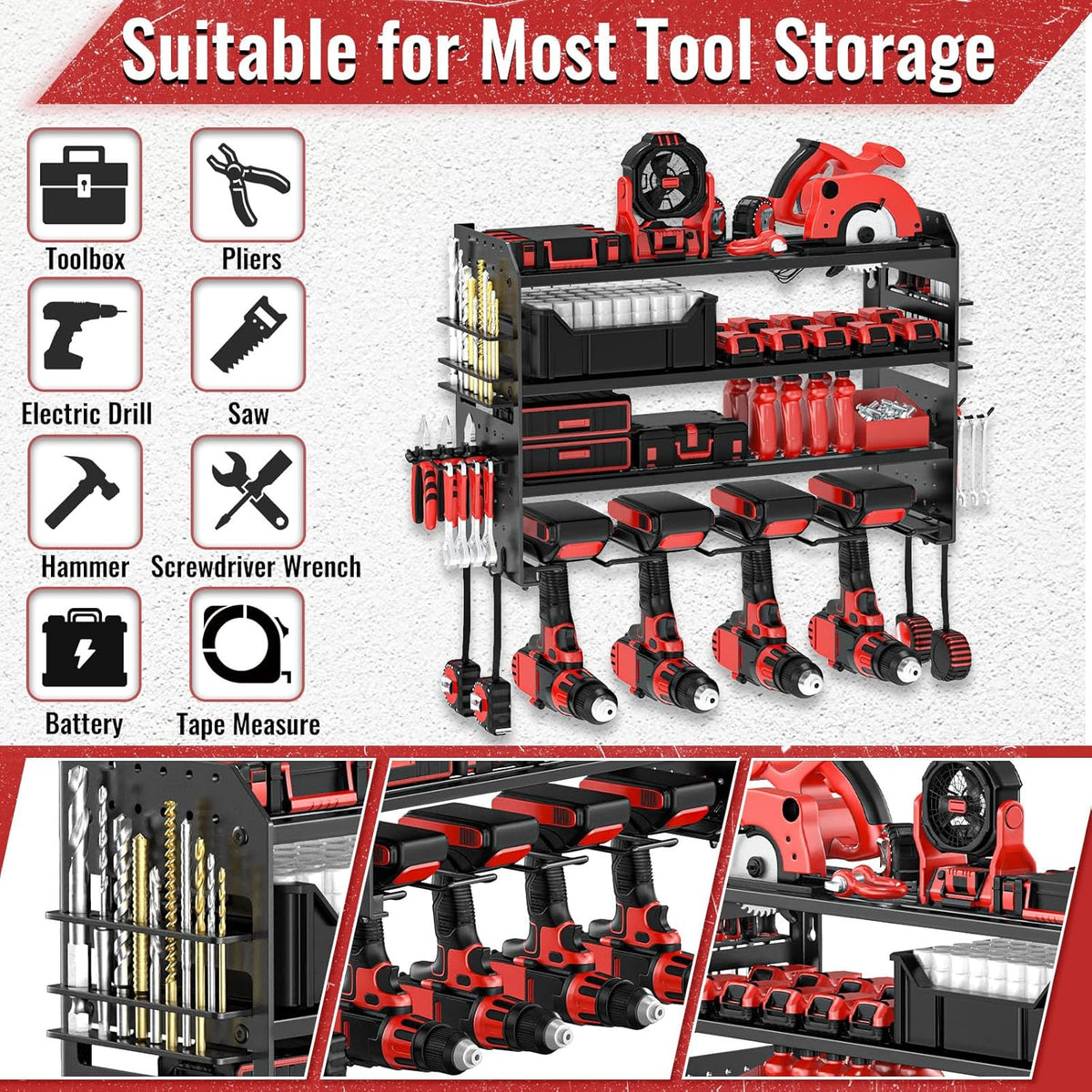 Power Tool Organizer Wall Mount, Metal Power Tool Storage Rack with Screwdriver Holder, Garage Tool Storage Shelves with Screwdriver Holder Plier Holder (Black, 4 Drills Holder)