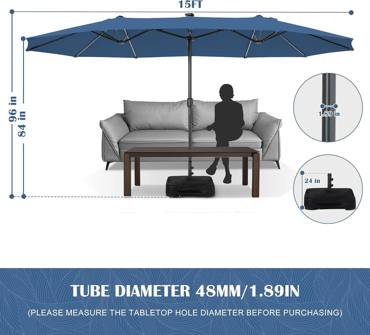 Sundale Outdoor Solar 144 LED 15 ft Patio Umbrella with Sandbag Base Included and Cover, Outdoor Double-Sided Umbrella, Navy