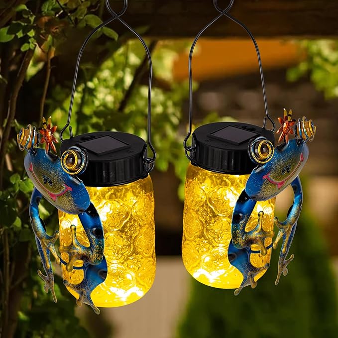 2 Pack Frog Solar Lantern,Jar Solar Lanterns Outdoor Waterproof Frog Hanging Solar Lantern,Outdoor Solar Lanterns with String Light for Garden Table Decor