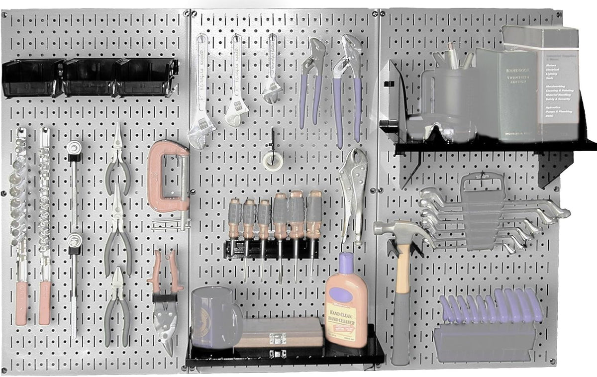 Wall Control Metal Pegboard Tool Organizer and Gray Metal Pegboard Pack