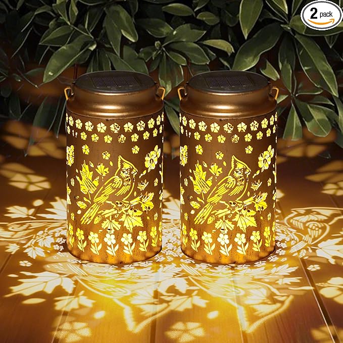 2 Pack Cardinal Solar Lanterns Outdoor Waterproof, Metal Hanging Lights Decorations for Garden Yard Lawn Patio, Cardinal Gifts for Women Mom Grandma Gardener for Mother'Day Christmas