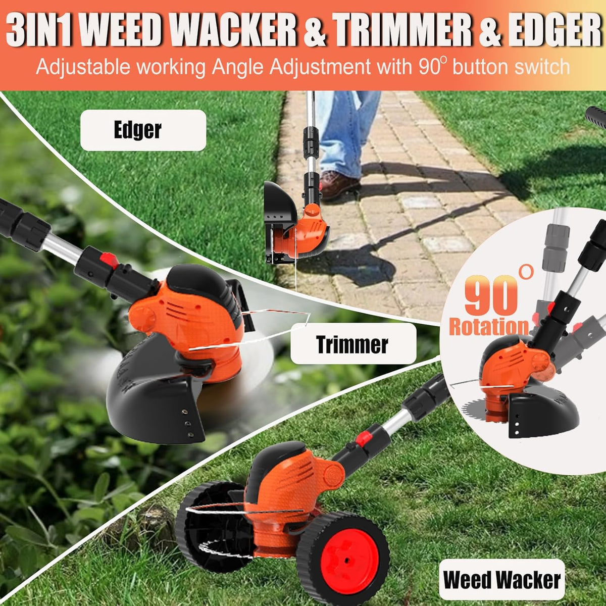 Electric Weed Wacker Cordless Eater Battery Powered 21V Lightweight No-String Weed Trimmer 3 in 1 Stringless Grass Trimmer/Edger/Brush Cutter with 3 Types Blade & Wheels for Yard and Garden-Orange