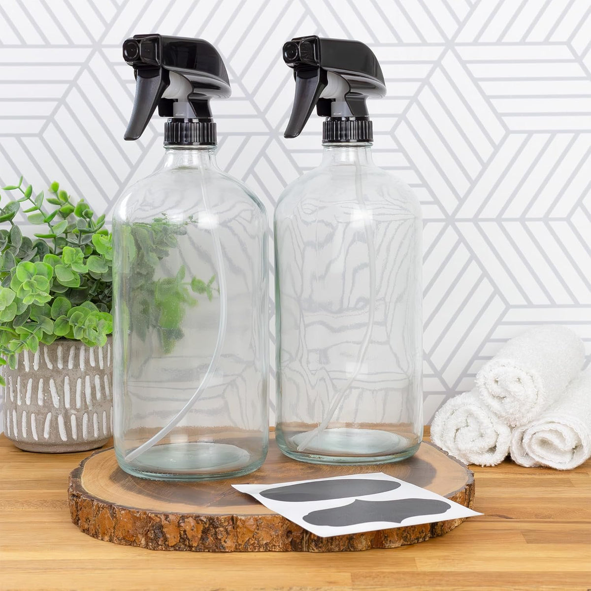 Cornucopia 32oz Glass Spray Bottles (2-Pack, Clear); Quart Bottles w/ 3-Setting Adjustable Trigger Sprayers; Includes Chalk Labels
