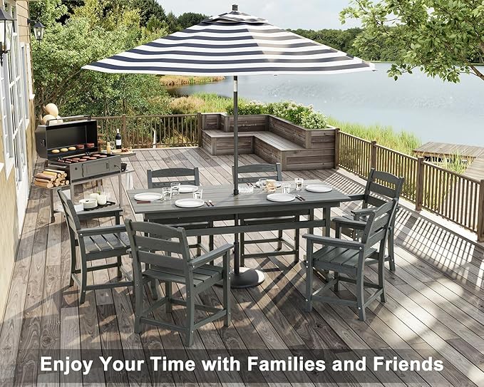 7pcs Outdoor Dining Set, HDPE Patio Dining Set for 6, All-Weather Outdoor Table and Chairs with Umbrella Hole & Adjustable Pads, Modern Patio Furniture Set for Backyard, Poolside &Lawn (Grey)
