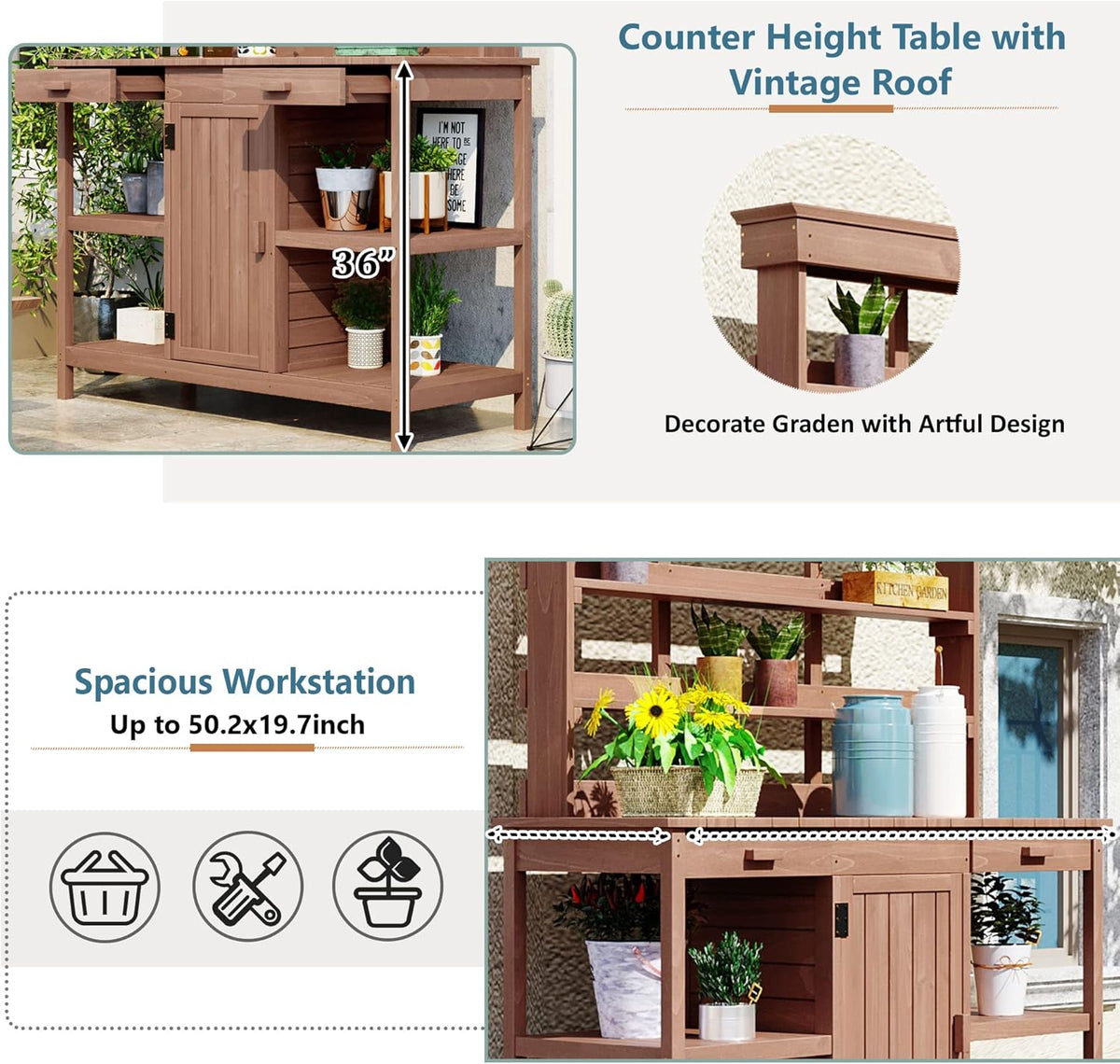 Merax 66" Large Outdoor Farmhouse Wooden Potting Bench Table, Garden Workstation with 2 Drawers, Cabinet, and Open Shelves for Backyard, Mudroom, Brown