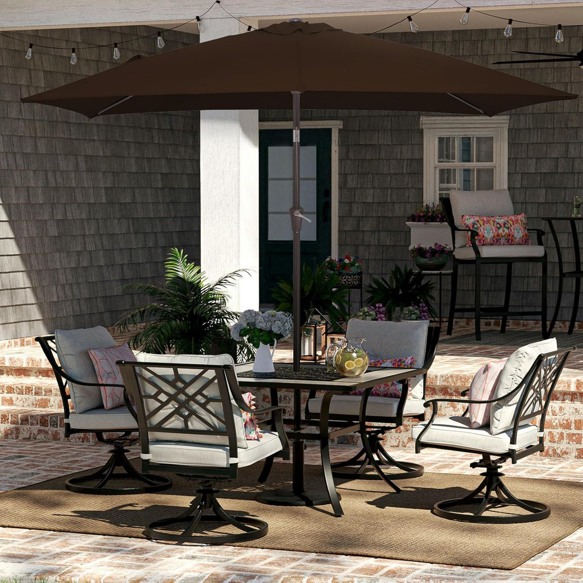 JEAREY 6.5x10 ft Rectangular Patio Umbrellas Outdoor Market Umbrella with Push Button Tilt and Crank, Rectangle Table Umbrella 6 Sturdy Ribs UV Protection for Pool Garden Backyard Deck, Brown
