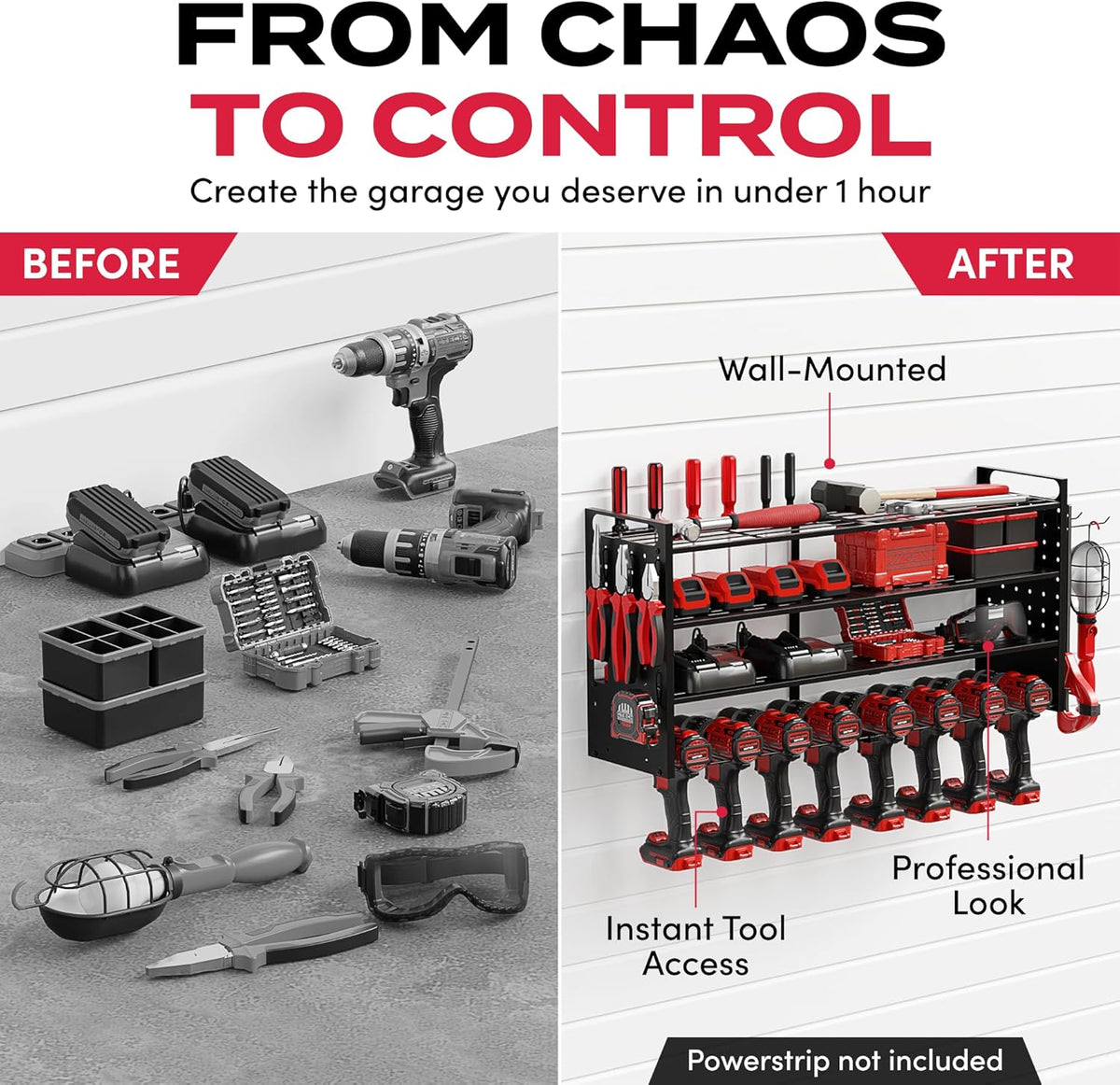 Power Tool Organizer Wall Mount - Power Tool Storage Rack with 3 Shelves, 8 Drill Holders, Bit Holder, Load 300 lbs, Pegboard Sides Storage for Tools- Garage Drill Organizer, Ultimate Workshop Station
