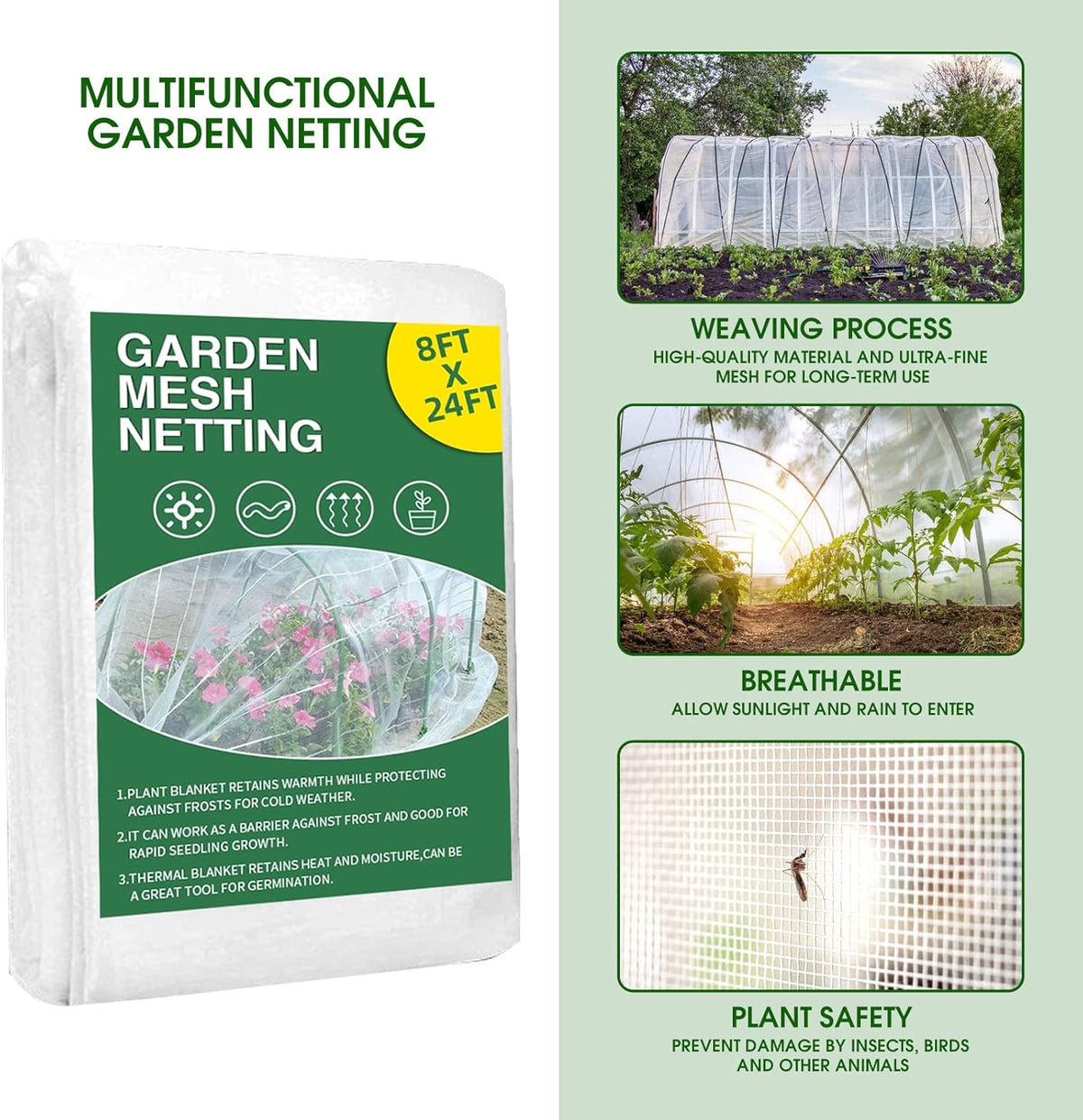 Garden Mesh Netting Kit - 8x24 Ft Ultra Fine Mesh Netting with 6 Sets Garden Hoops & 12 Clips, Bird Protection for Fruit, Vegetable, Flowers & Animals, Greenhouse Cover
