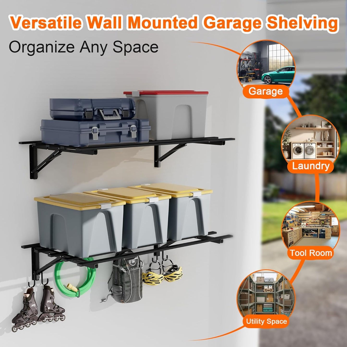 4-Pack Garage Storage System Shelves 3.21x1.64 ft - Compact Folding Wall Shelves for Garage, Sturdy Metal Wall Shelving with Hooks, Versatile Metal Hanging Shelf Design, Sleek Floating Black Shelf