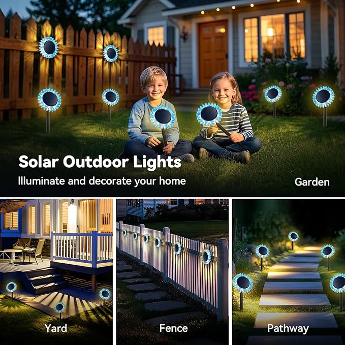 Hogni 4PK Solar Garden Lights, Ground Stake/Hang 2 in 1 Solar Sunflowers Outdoor Waterproof IP67, Outdoor Decor for Pathway Walkway Landscape Backyard Fence Decoration