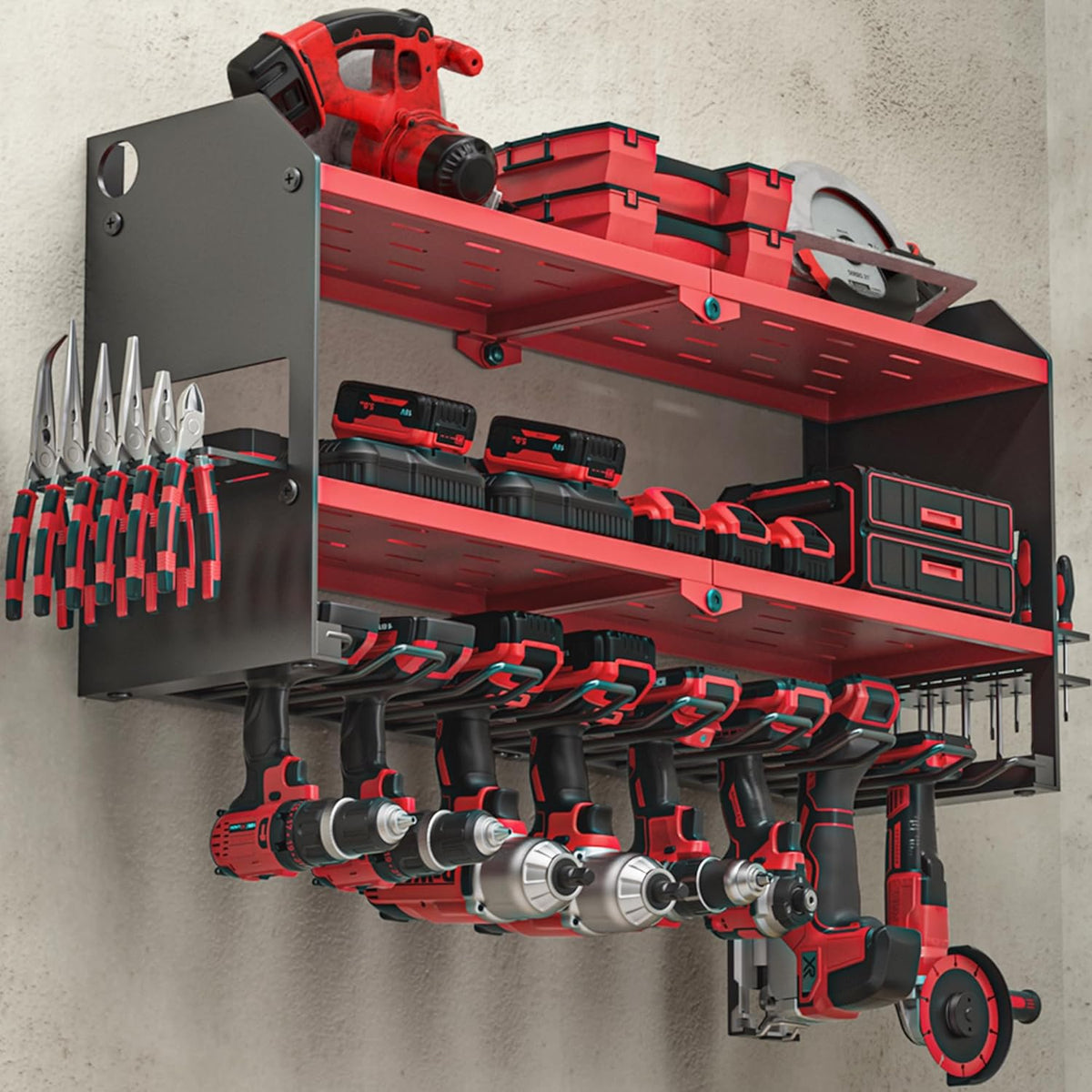 YYR Power Tool Organizer Wall Mount, Cordless Drill and Battery Holder, Electric Tools Hanger Storage Rack with Charging Station, Garage Organization Floating Shelf - Made of Heavy Duty Metal, Red