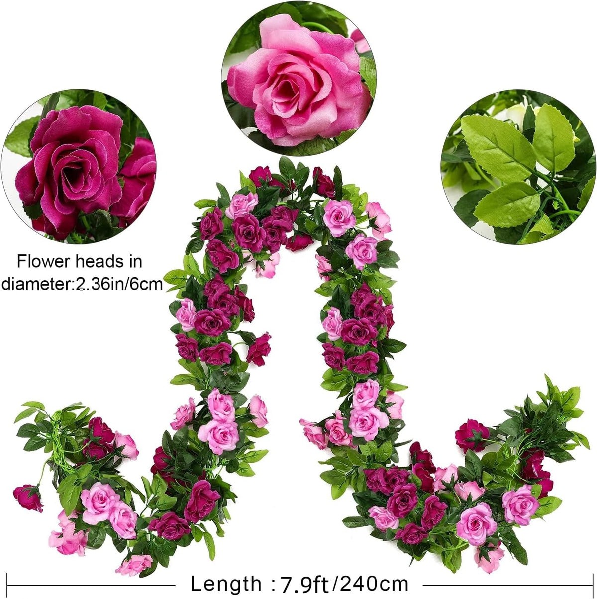 JUSTOYOU 2 Pack (15.8FT) Fake Rose Garland, Artificial Rose Vines Flowers Hanging Silk Rose Vine Wedding Home Backdrop Party Arch Arrangement Decoration