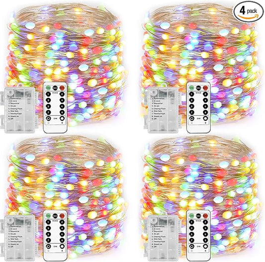 Homemory 4 Pack 20 Ft 60 LED Multicolor Fairy Lights Battery Operated Christmas Lights with Remote, Waterproof 8 Modes Firefly Twinkle String Lights for Party Bedroom Wedding Decorations
