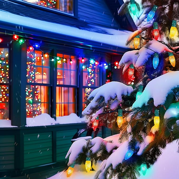 C9 Christmas Pathway Lights Outdoor, 25.7 Feet 20 LED C9 Strawberry Walkway Lights with Marker Stakes, Connectable Shatterproof C9 String Lights for Outside Yard Decorations, Multicolored, 2 Pack