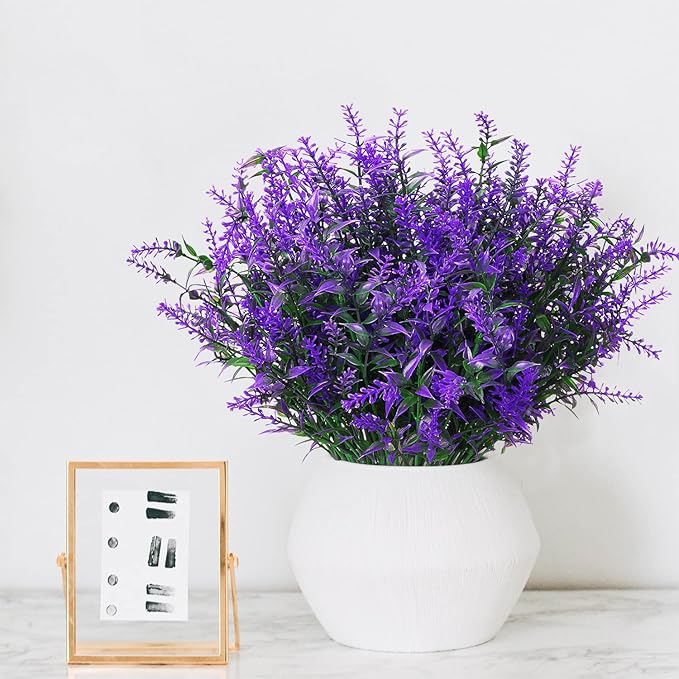 8 Pack Artificial Plants Flowers Grass Shrubs Lavender No Fade Faux Plastic Flowers Outdoor for Farmhouse Garden Porch Patio Indoor Wedding Decoration Greenery Fake Plants uv Resistant