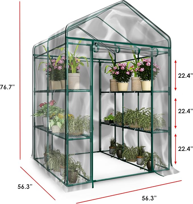 Greenhouse - Walk in Greenhouse with 8 Sturdy Shelves and PVC Cover for Indoor or Outdoor Use - 56 x 56 x 76-Inch Green House by Home-Complete