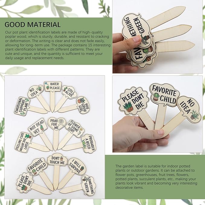 15pcs Funny Plant Signs Garden Markers Wooden Plant Labels Tab with Interesting Words Cute Patterns for Indoor and Outdoor Potted Used to Distinguish Potted Plants
