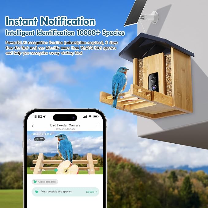 Bird Feeder, 5MP Solar-Powered Smart Bird Feeder with Camera, AI Identifies Birds 10000+, 2.4GHz, Color Night Vision, Instant Notification, Easy to Use, 1.5L Birds Feeders for Outdoor, Yard