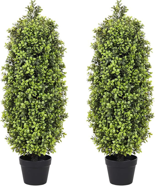 3ft Artificial Boxwood Topiary Trees (Set of 2) - UV Resistant Faux Plants for Outdoor/Indoor, Realistic 36in Fake Bushes and Shrubs for Front Porch, Planter, Patio - Low Maintenance & Evergreen